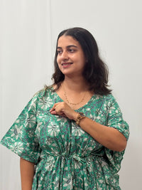 Green Floral Printed Jaipur Cotton Feeding Kaftan Loungewear Pyjama Set | Free Size