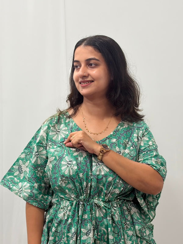 Green Floral Printed Jaipur Cotton Feeding Kaftan Loungewear Pyjama Set | Free Size