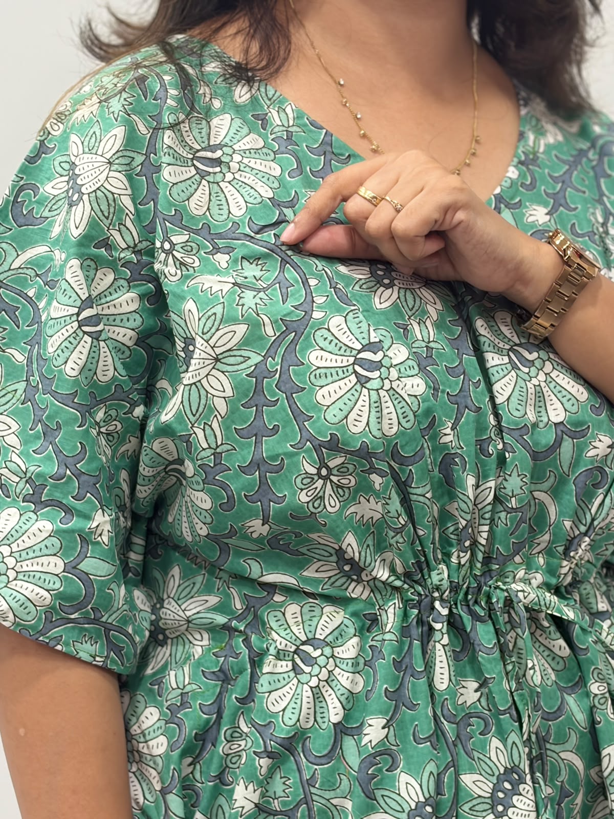 Green Floral Printed Jaipur Cotton Feeding Kaftan Loungewear Pyjama Set | Free Size