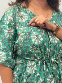 Green Floral Printed Jaipur Cotton Feeding Kaftan Loungewear Pyjama Set | Free Size