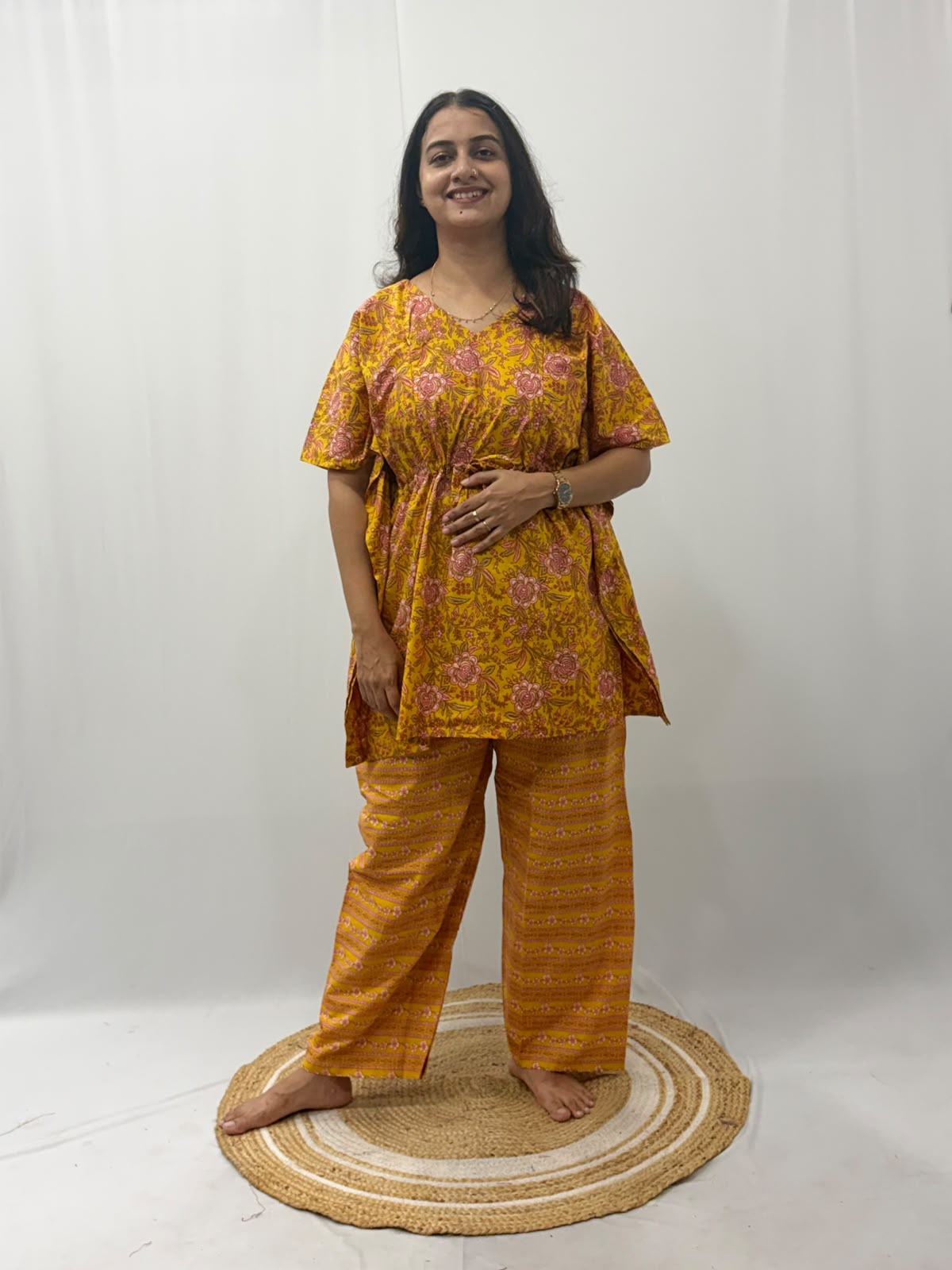 Marigold Yellow Floral Printed Jaipur Cotton Feeding Kaftan Loungewear Pyjama Set | Free Size