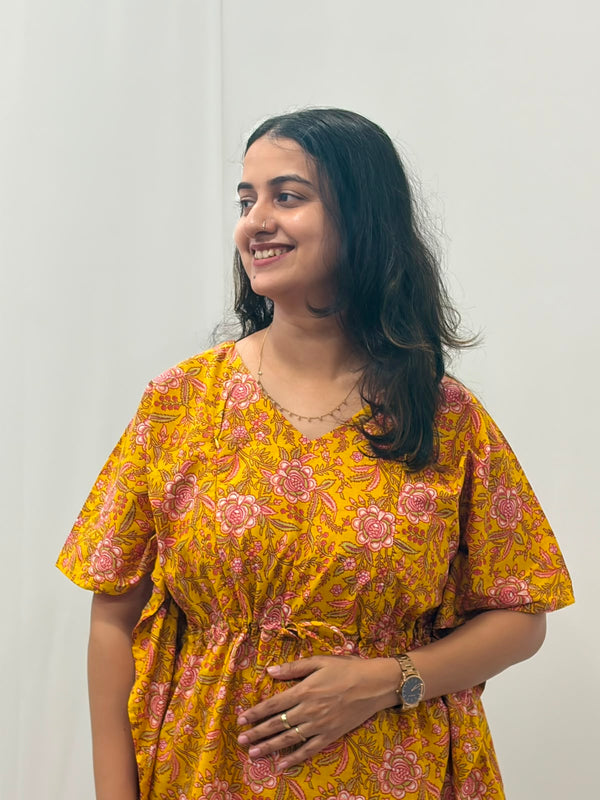 Marigold Yellow Floral Printed Jaipur Cotton Feeding Kaftan Loungewear Pyjama Set | Free Size