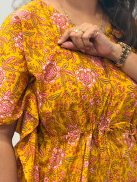 Marigold Yellow Floral Printed Jaipur Cotton Feeding Kaftan Loungewear Pyjama Set | Free Size