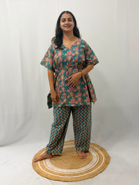 Blue Floral Printed Jaipur Cotton Feeding Kaftan Loungewear Pyjama Set | Free Size