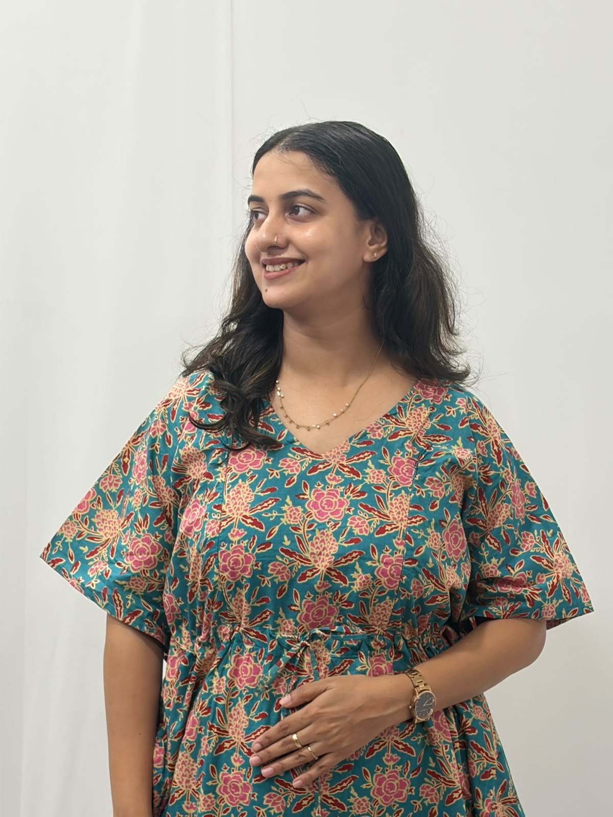 Blue Floral Printed Jaipur Cotton Feeding Kaftan Loungewear Pyjama Set | Free Size