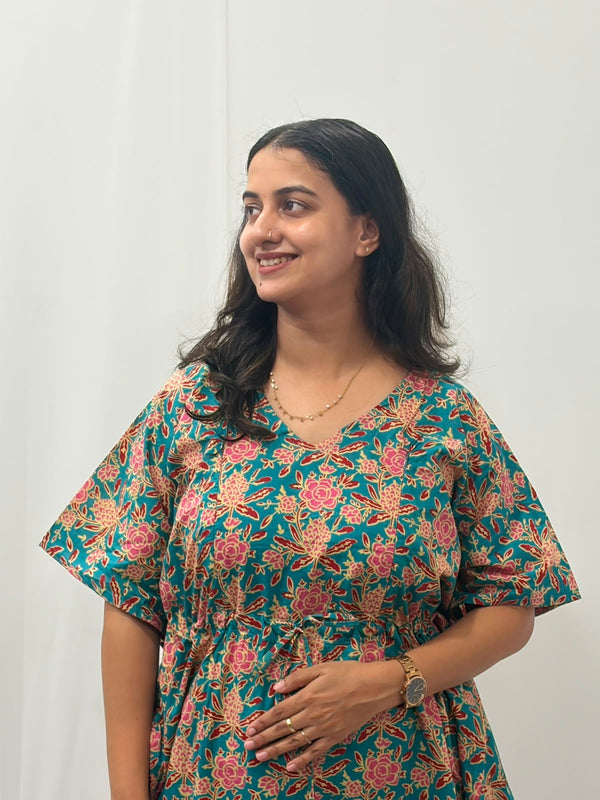Blue Floral Printed Jaipur Cotton Feeding Kaftan Loungewear Pyjama Set | Free Size
