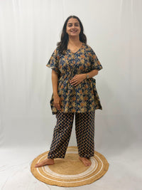Navy-Blue Floral Printed Jaipur Cotton Feeding Kaftan Loungewear Pyjama Set | Free Size