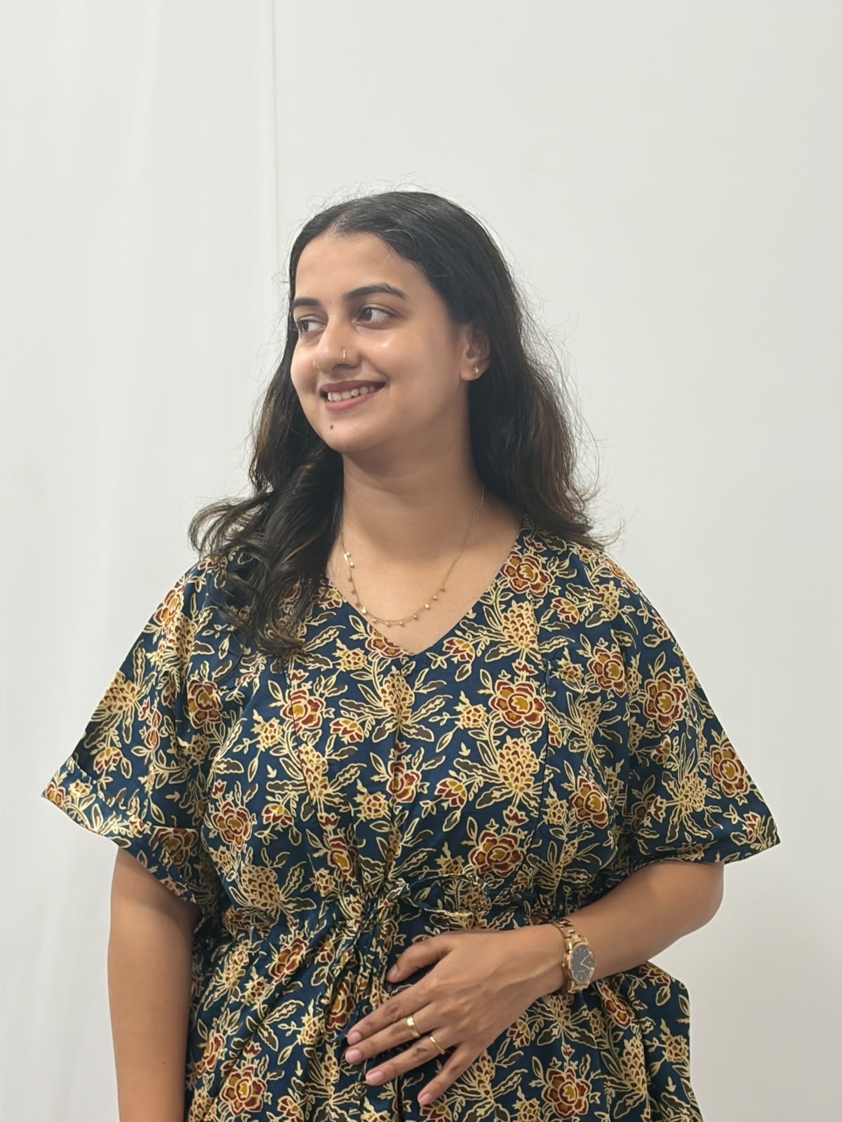 Navy-Blue Floral Printed Jaipur Cotton Feeding Kaftan Loungewear Pyjama Set | Free Size