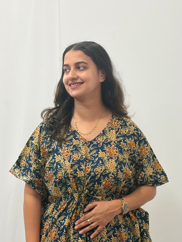Navy-Blue Floral Printed Jaipur Cotton Feeding Kaftan Loungewear Pyjama Set | Free Size