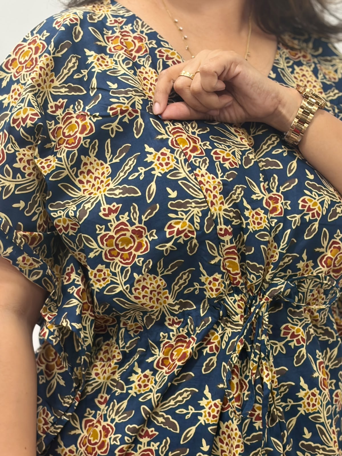 Navy-Blue Floral Printed Jaipur Cotton Feeding Kaftan Loungewear Pyjama Set | Free Size