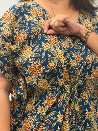 Navy-Blue Floral Printed Jaipur Cotton Feeding Kaftan Loungewear Pyjama Set | Free Size