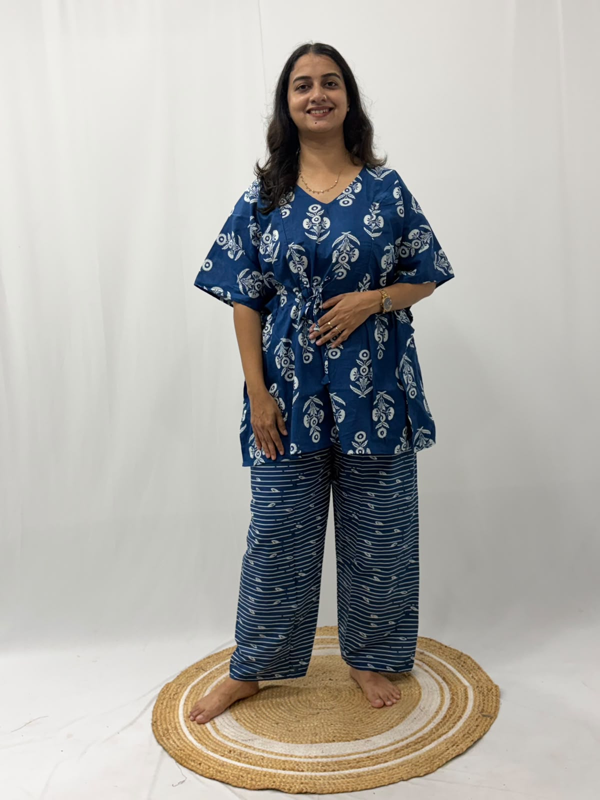 White Floral Printed Blue Jaipur Cotton Feeding Kaftan Loungewear Pyjama Set | Free Size