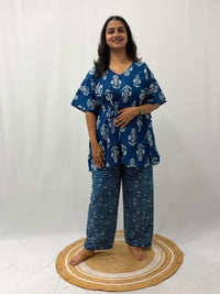 White Floral Printed Blue Jaipur Cotton Feeding Kaftan Loungewear Pyjama Set | Free Size
