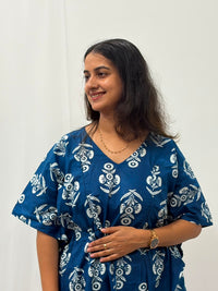 White Floral Printed Blue Jaipur Cotton Feeding Kaftan Loungewear Pyjama Set | Free Size