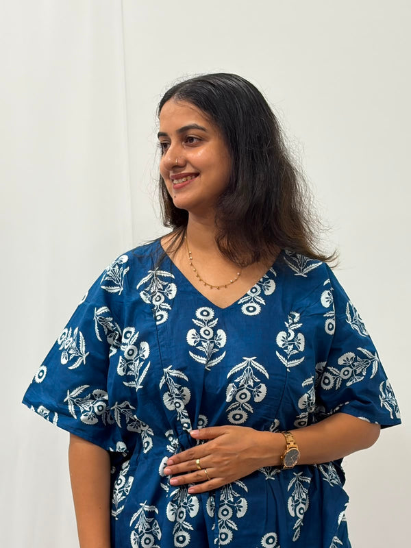 White Floral Printed Blue Jaipur Cotton Feeding Kaftan Loungewear Pyjama Set | Free Size