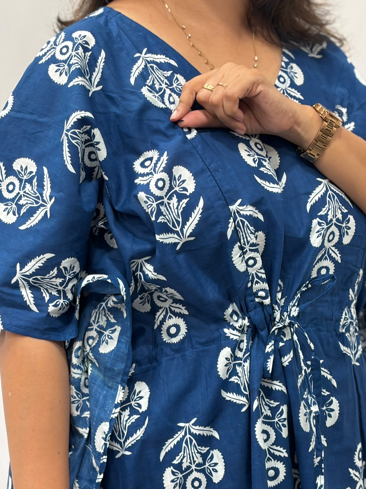 White Floral Printed Blue Jaipur Cotton Feeding Kaftan Loungewear Pyjama Set | Free Size