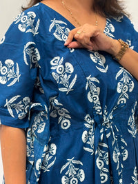White Floral Printed Blue Jaipur Cotton Feeding Kaftan Loungewear Pyjama Set | Free Size
