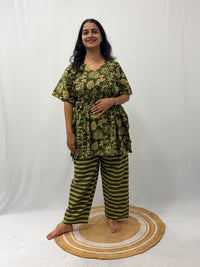 Green And Cream Floral Jaipur Cotton Feeding Kaftan Loungewear Pyjama Set | Free Size