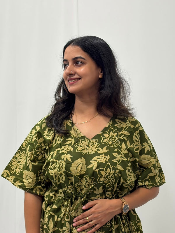 Green And Cream Floral Jaipur Cotton Feeding Kaftan Loungewear Pyjama Set | Free Size