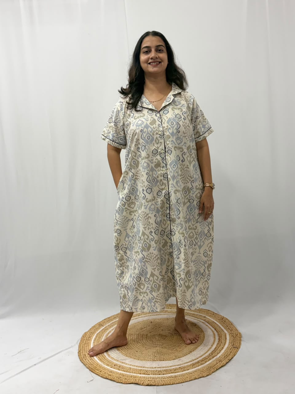 Blue Ikat Printed Khadi Cotton Full Open Long Polo Shirt Dress | Side Pocket | Free Size | Chest Width 44″| Length 44″