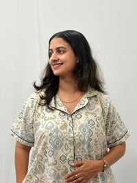 Blue Ikat Printed Plus Size Khadi Cotton Full Open Long Polo Shirt Dress | Side Pocket | Chest Width 50″| Length 44″