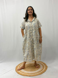 Blue Ikat Printed Plus Size Khadi Cotton Full Open Long Polo Shirt Dress | Side Pocket | Chest Width 50″| Length 44″
