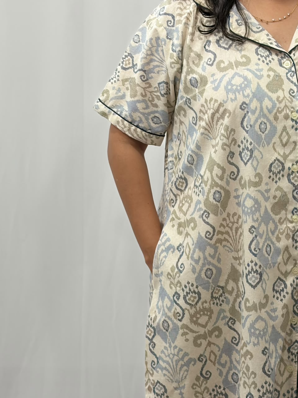 Blue Ikat Printed Khadi Cotton Full Open Long Polo Shirt Dress | Side Pocket | Free Size | Chest Width 44″| Length 44″