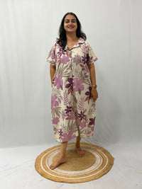 Pink Floral Printed Plus Size Khadi Cotton Full Open Long Polo Shirt Dress | Side Pocket | Chest Width 50″| Length 44″