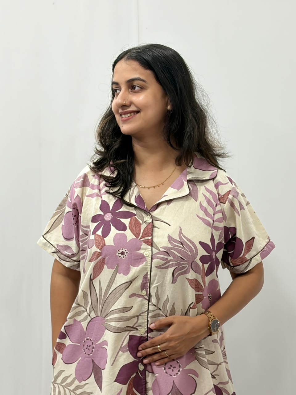 Pink Floral Printed Khadi Cotton Full Open Long Polo Shirt Dress | Side Pocket | Free Size | Chest Width 44″| Length 44″