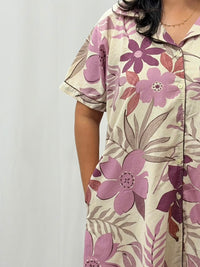 Pink Floral Printed Khadi Cotton Full Open Long Polo Shirt Dress | Side Pocket | Free Size | Chest Width 44″| Length 44″