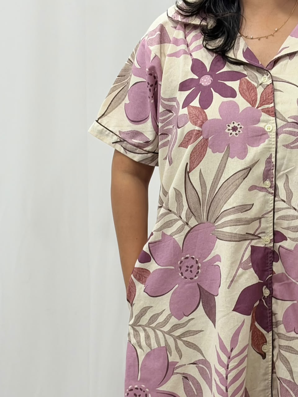 Pink Floral Printed Plus Size Khadi Cotton Full Open Long Polo Shirt Dress | Side Pocket | Chest Width 50″| Length 44″