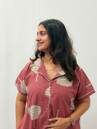 Onion Pink Floral Printed Khadi Cotton Full Open Long Polo Shirt Dress | Side Pocket | Free Size | Chest Width 44″| Length 44″