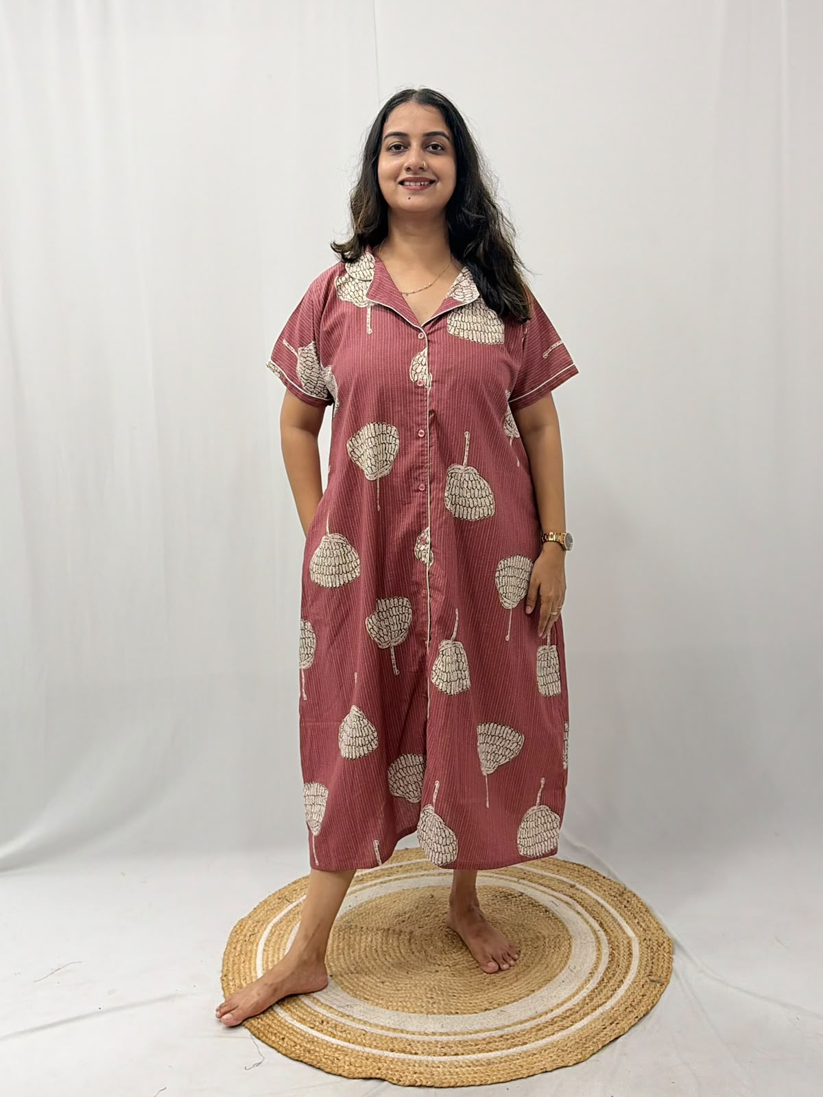 Onion Pink Floral Printed Plus Size Khadi Cotton Full Open Long Polo Shirt Dress | Side Pocket | Chest Width 50″| Length 44″