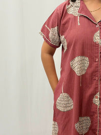 Onion Pink Floral Printed Khadi Cotton Full Open Long Polo Shirt Dress | Side Pocket | Free Size | Chest Width 44″| Length 44″