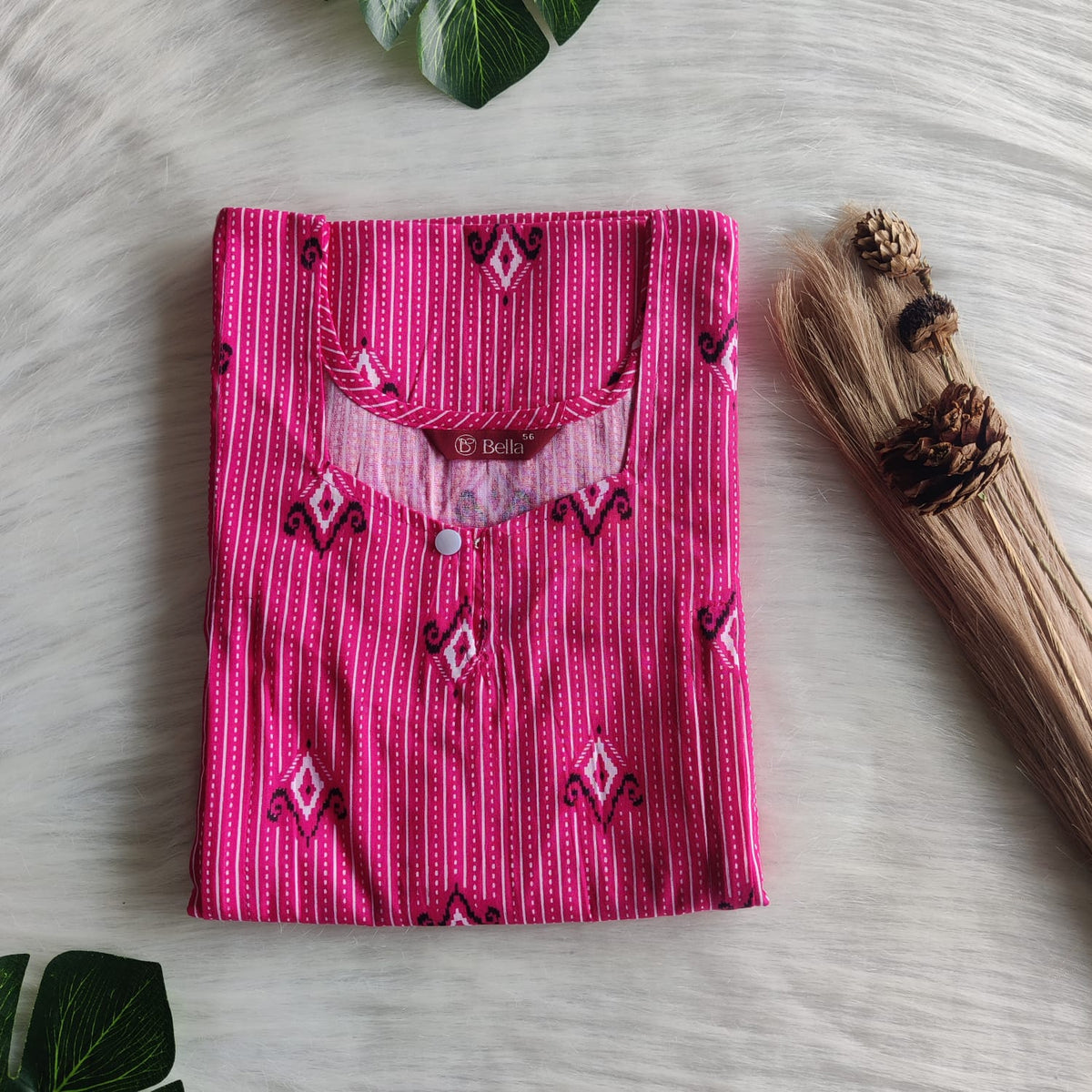 Pink Printed Premium Cotton Aline Cut Vertical Zip Feeding Nighty | Free Size | Chest Width 44″| Length 54″-56″