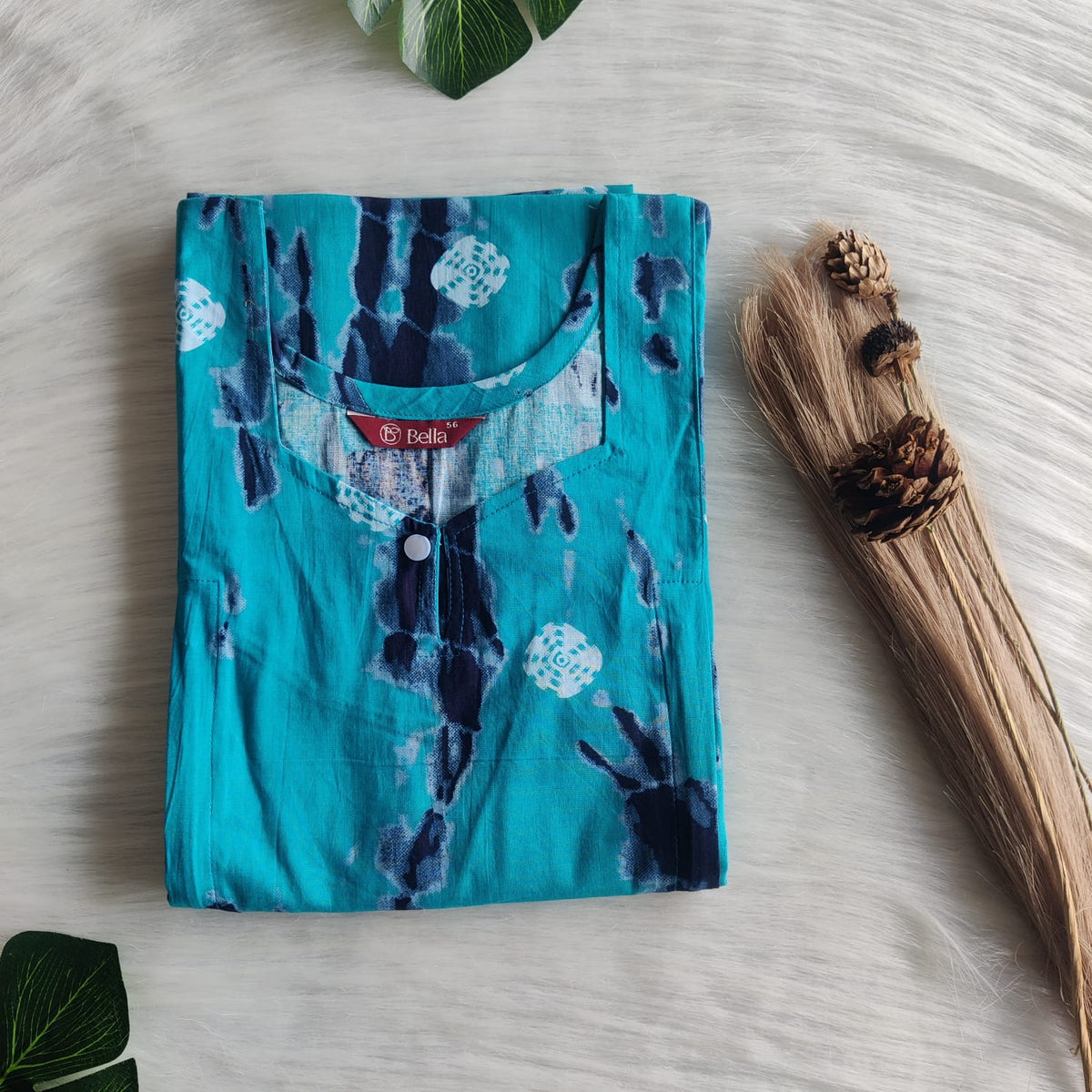 Blue Batik Printed Premium Cotton Aline Cut Vertical Zip Feeding Nighty | Free Size | Chest Width 44″| Length 54″-56″