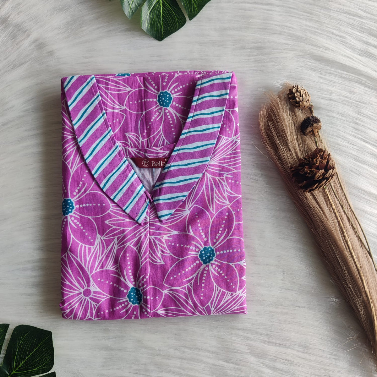 Blue And Pink Printed Premium Cotton Peter Pan Collar Long Zip Feeding Nighty | Free Size | Chest Width 44″| Length 56″