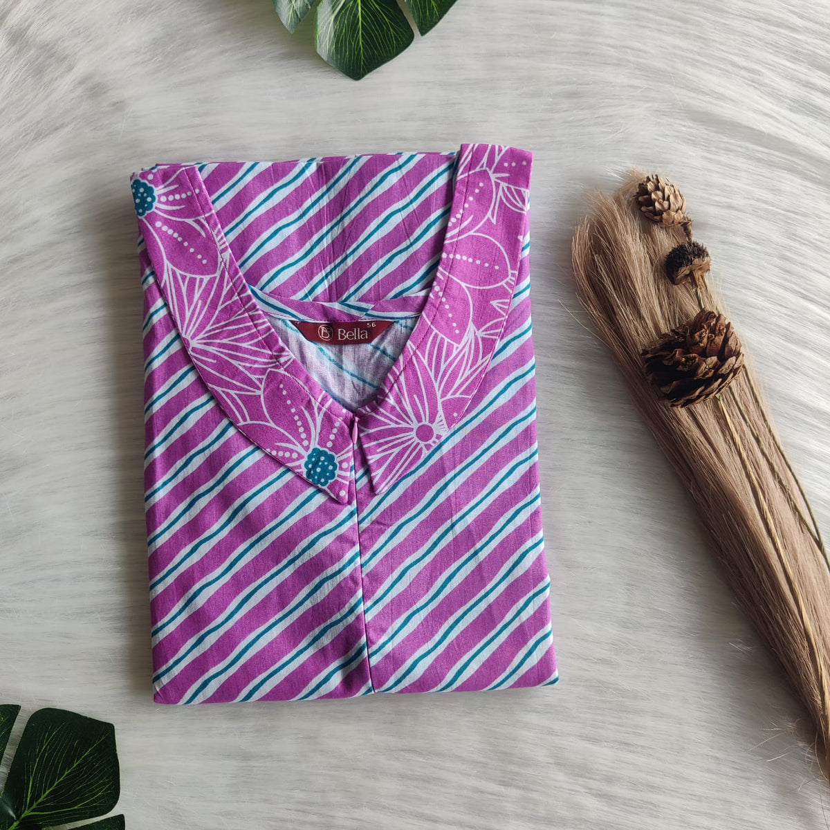 Pink And Blue Stripes Printed Premium Cotton Peter Pan Collar Long Zip Feeding Nighty | Free Size | Chest Width 44″| Length 56″
