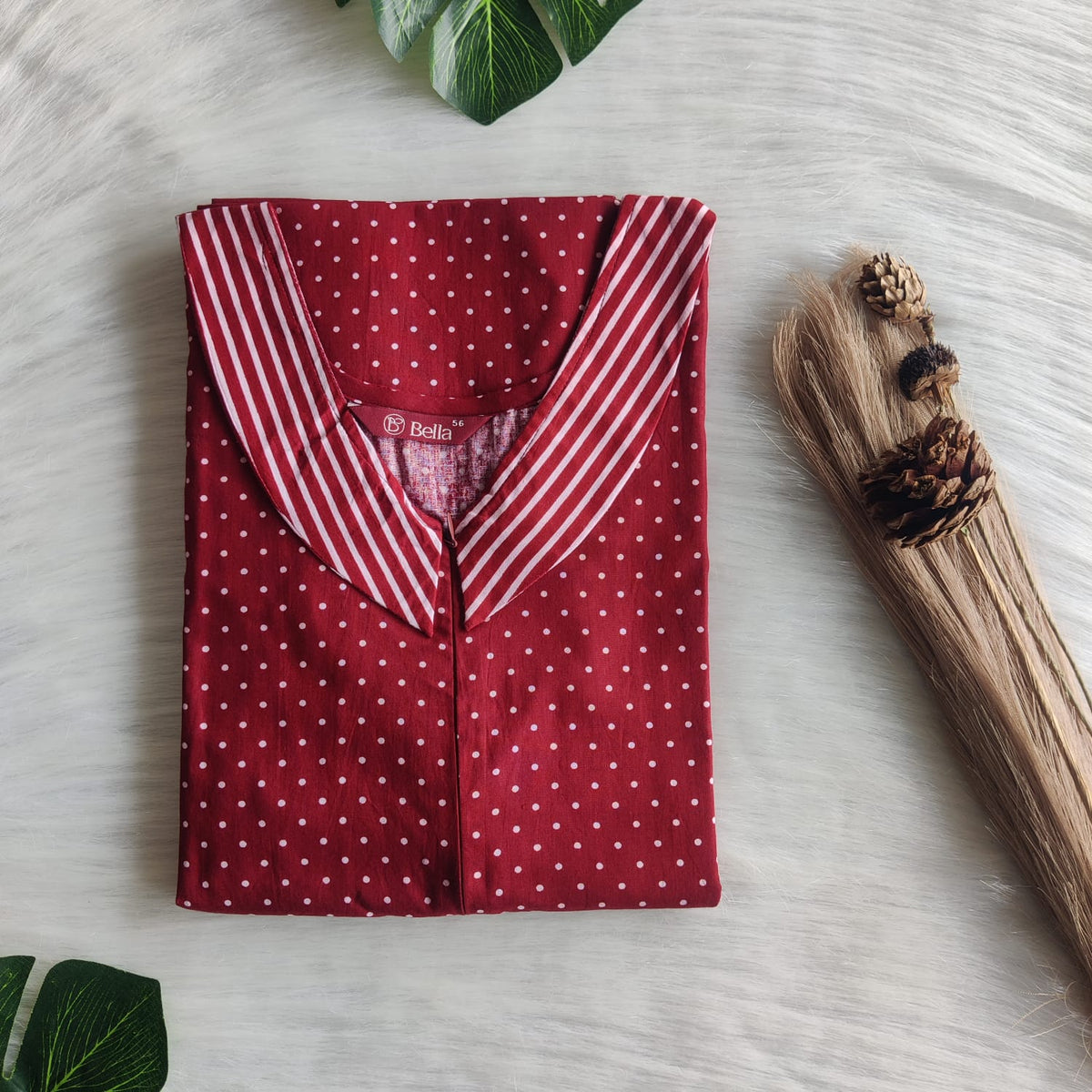 White And Maroon Printed Premium Cotton Peter Pan Collar Long Zip Feeding Nighty | Free Size | Chest Width 44″| Length 56″