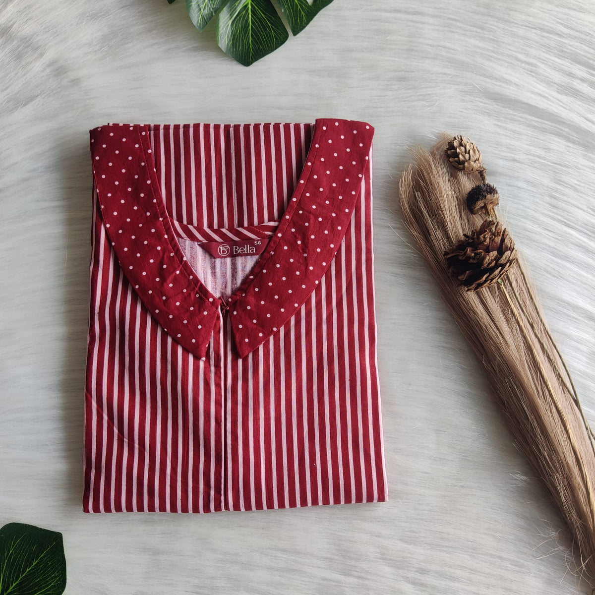 Maroon And White Stripes Printed Premium Cotton Peter Pan Collar Long Zip Feeding Nighty | Free Size | Chest Width 44″| Length 56″