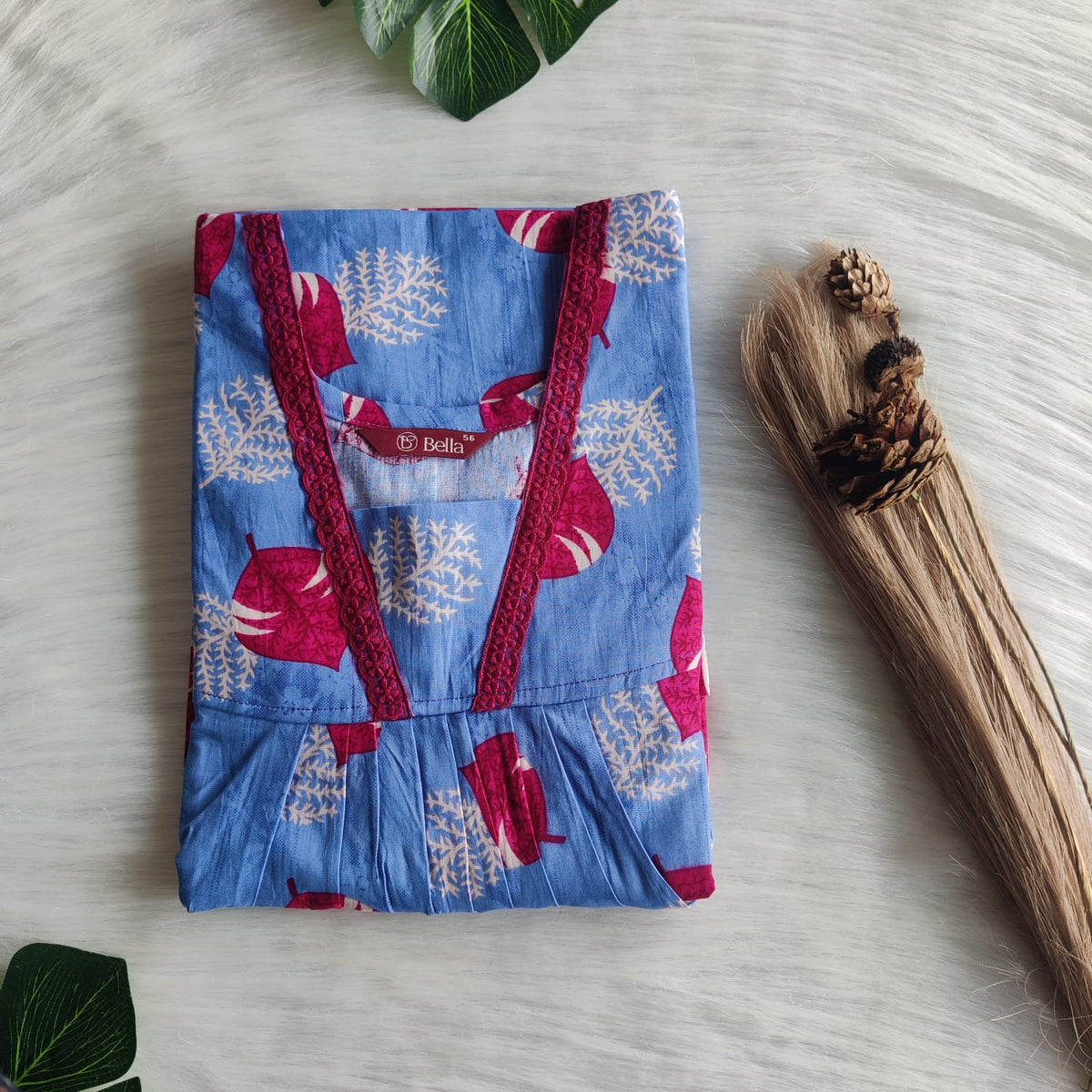 Blue And Maroon Leaf Printed Premium Cotton V-Neck Lace Pleated Nighty | No Zip | Free Size | Chest Width 44″| Length 56″