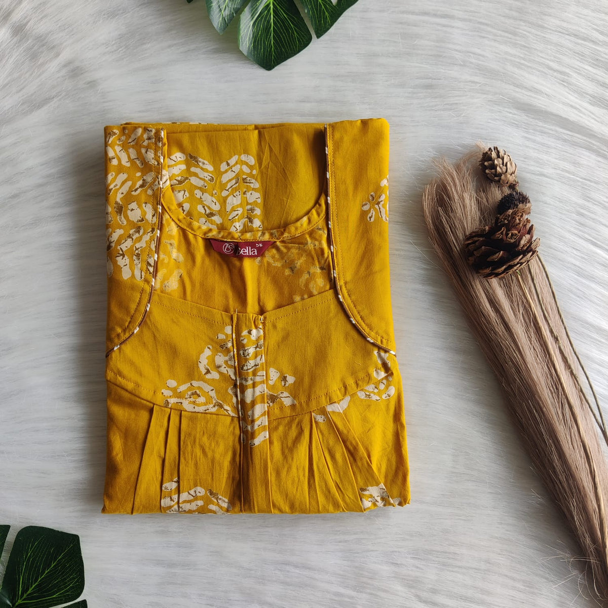 Mustard Yellow Printed Pure Cotton Plus Size Pleated Zip Nighty | Chest Width 50″| Length 54″-55″