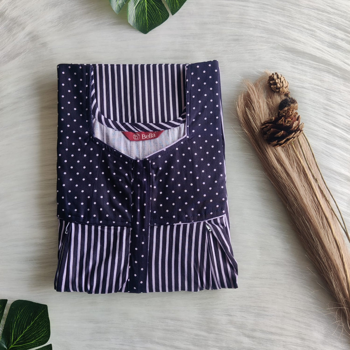 Navy Blue And White Stripes Printed Premium Cotton Pleated Vertical Zip Feeding Nighty | Free Size | Chest Width 44″| Length 54″-56″