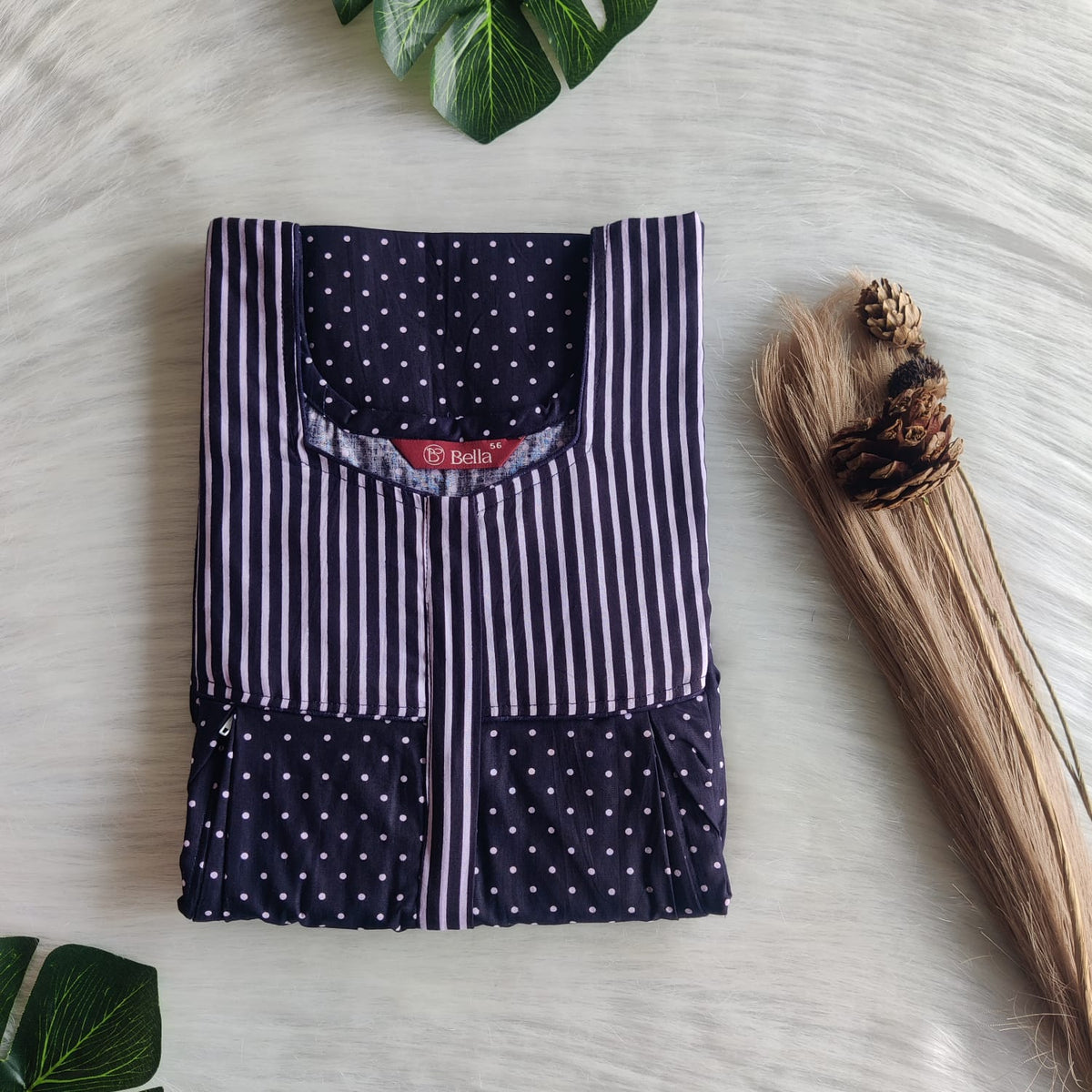 White And Navy Blue Printed Premium Cotton Pleated Vertical Zip Feeding Nighty | Free Size | Chest Width 44″| Length 54″-56″