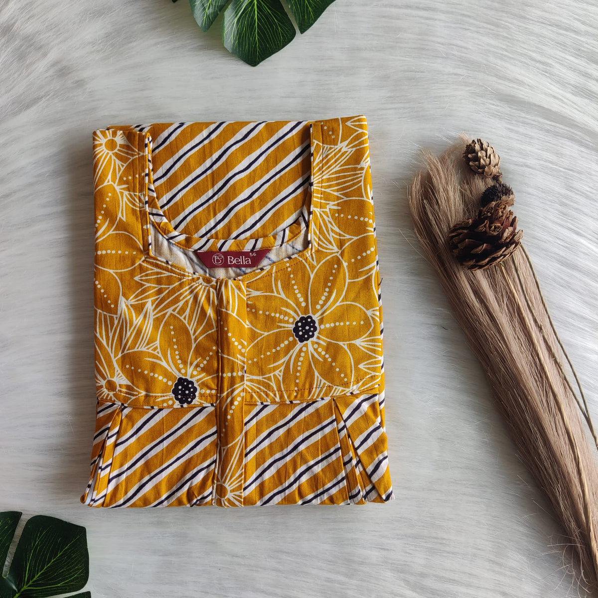 Mustard Yellow And White Stripes Printed Premium Cotton Pleated Vertical Zip Feeding Nighty | Free Size | Chest Width 44″| Length 54″-56″