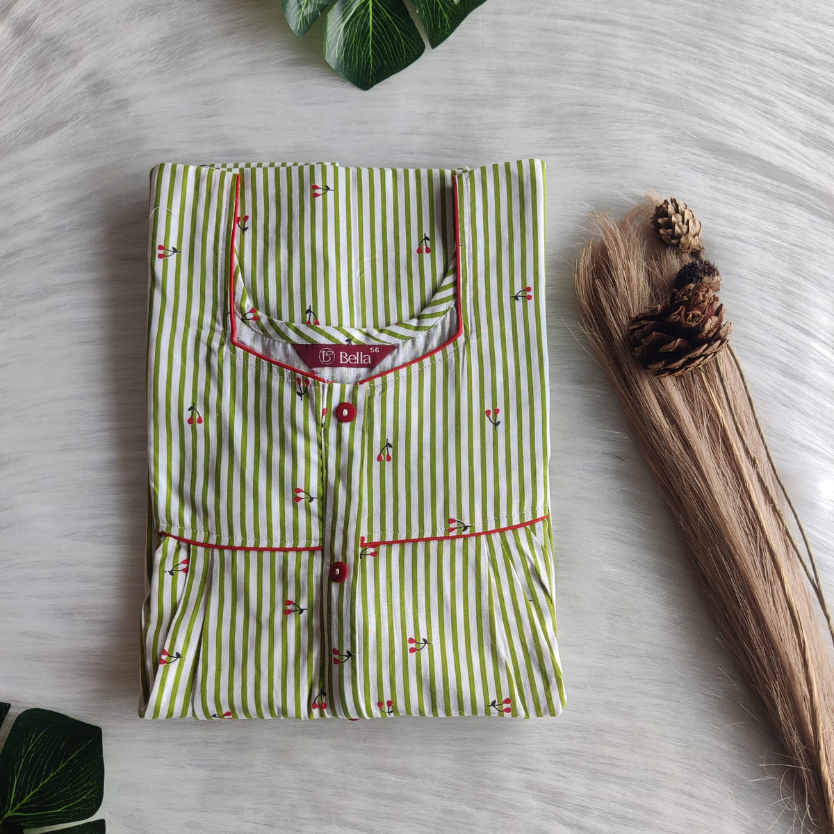 Pista Green Stripes Printed Premium Cotton Button Zip Nighty | Free Size | Chest Width 44″| Length 55″-56″