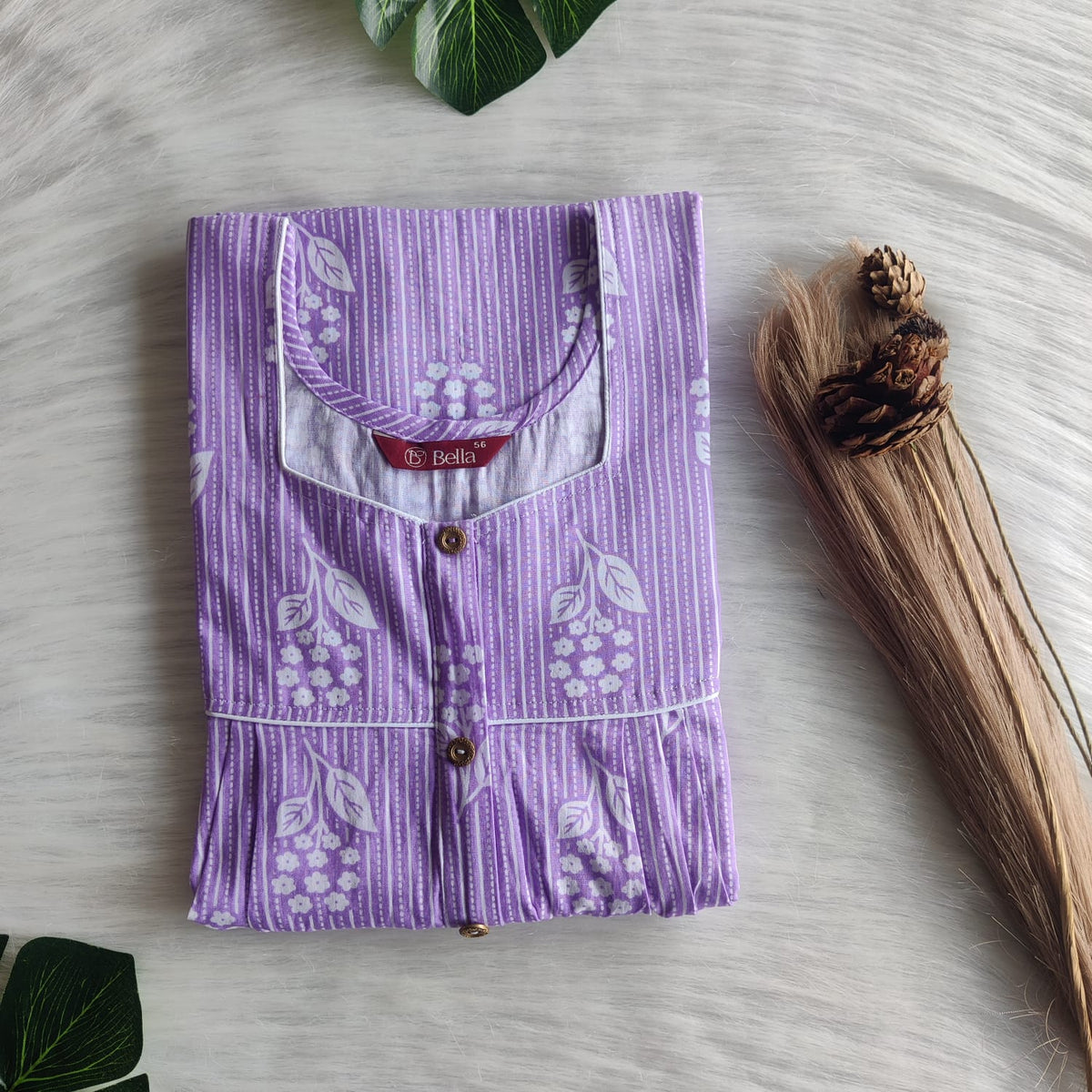 Lavender Printed Premium Cotton Button Zip Nighty | Free Size | Chest Width 44″| Length 55″-56″
