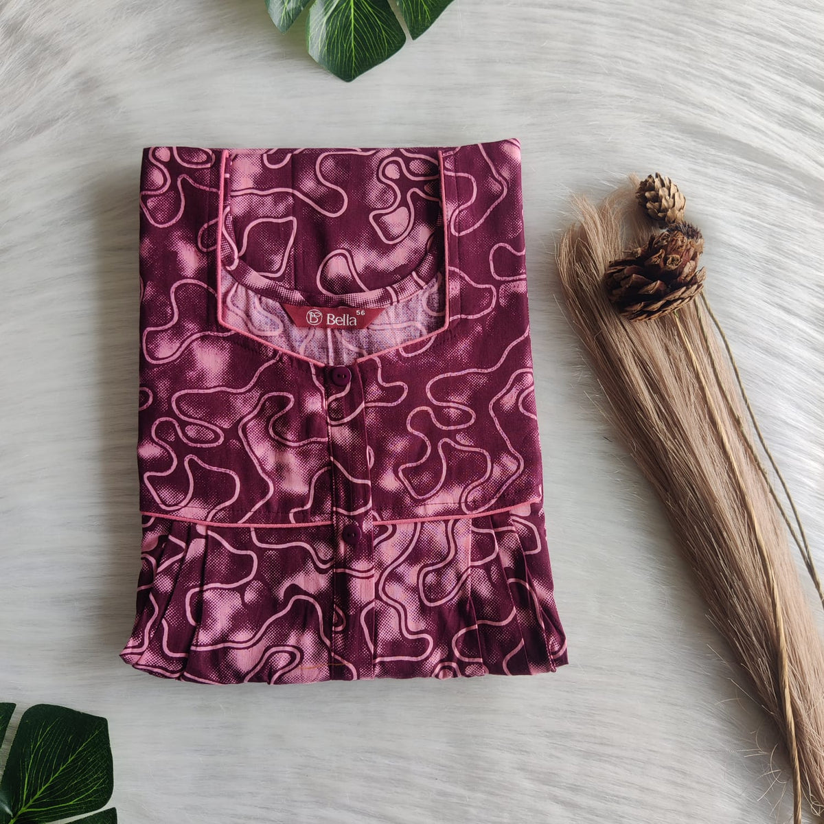 Maroon Printed Premium Cotton Button Zip Nighty | Free Size | Chest Width 44″| Length 55″-56″