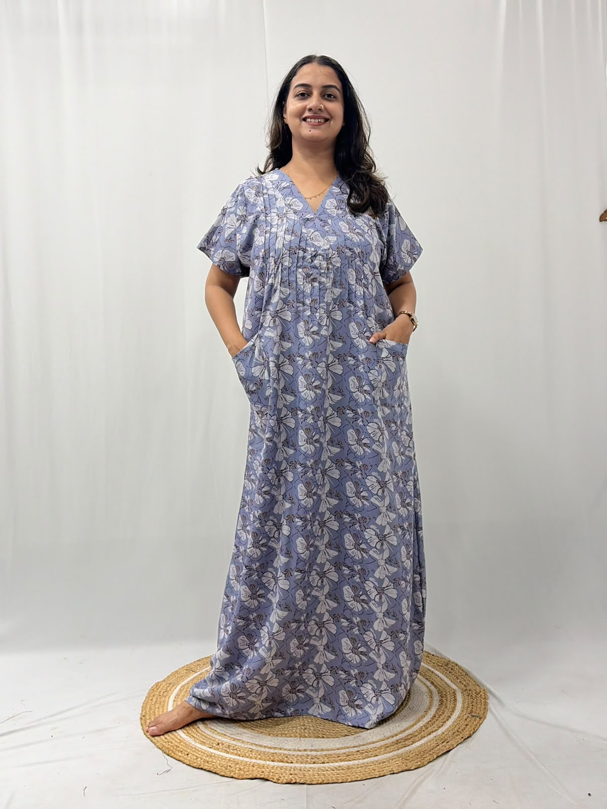 Grey Floral Printed V-Neck Alfine Churidar Cut Nighty | Free Size | Chest Width 44″| Length 56″