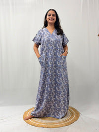 Grey Floral Printed V-Neck Alfine Churidar Cut Nighty | Free Size | Chest Width 44″| Length 56″
